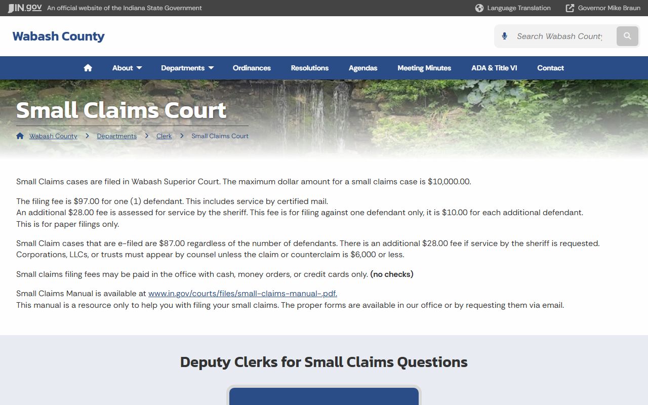 Wabash County Clerk small claims court filing fees