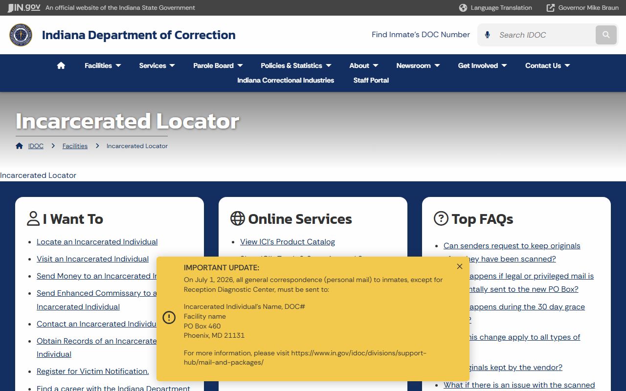 Wabash County arrest records IDOC offender locator landing page