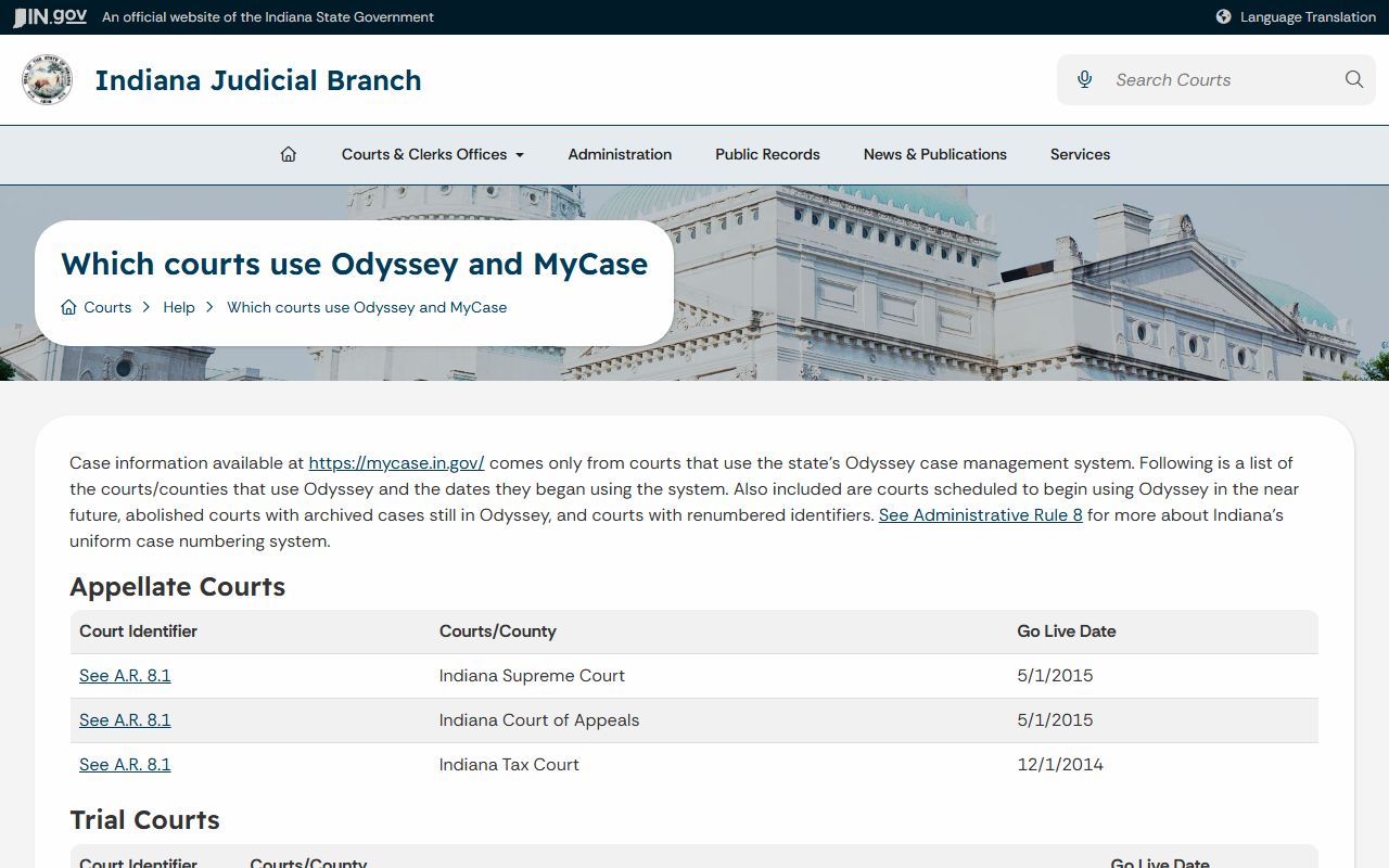 Wabash County Circuit and Superior Courts Odyssey MyCase deployment list