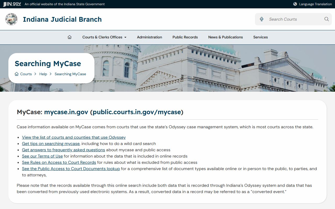 Wabash County court records Indiana MyCase help page