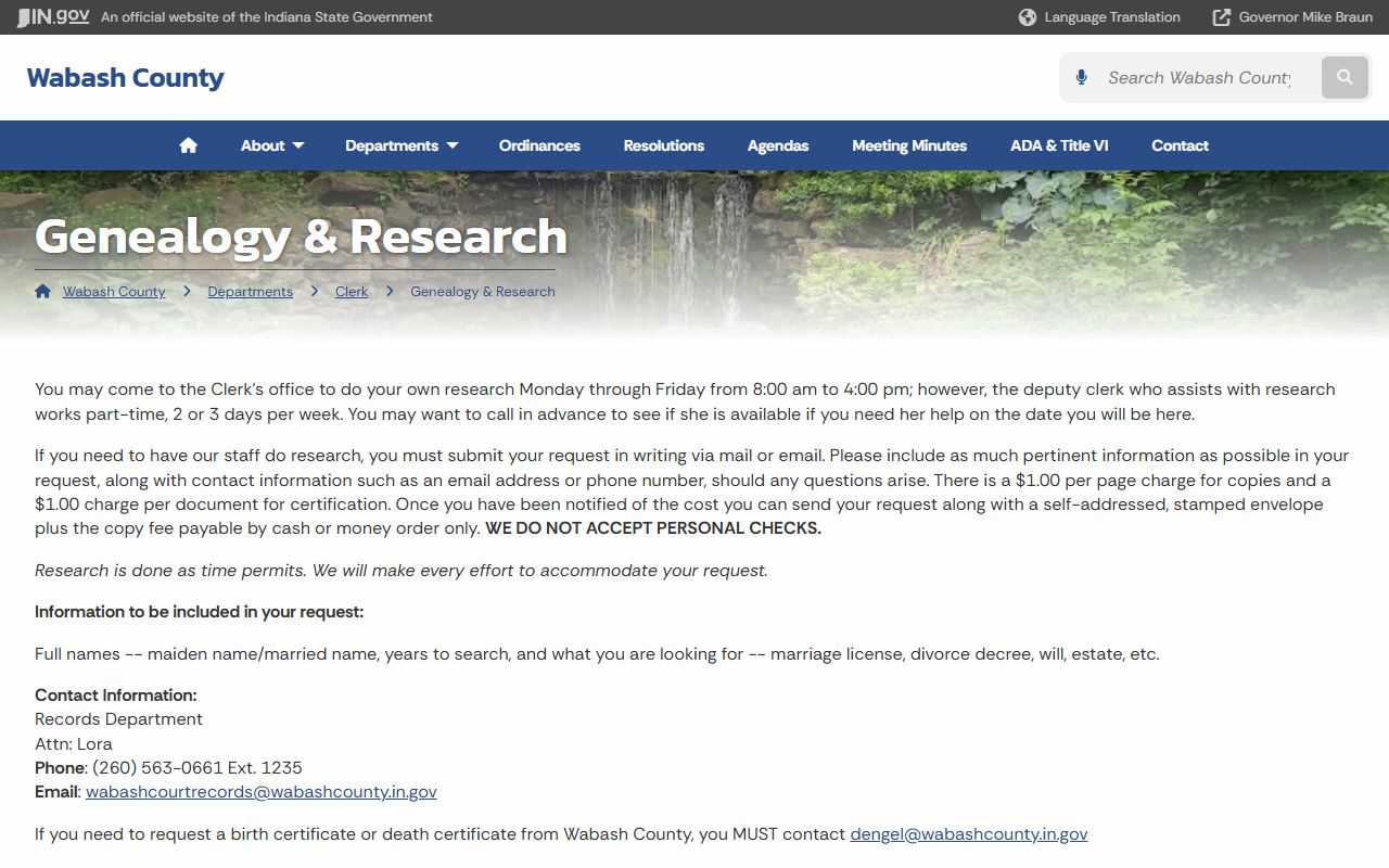 Wabash County probate records clerk research instructions