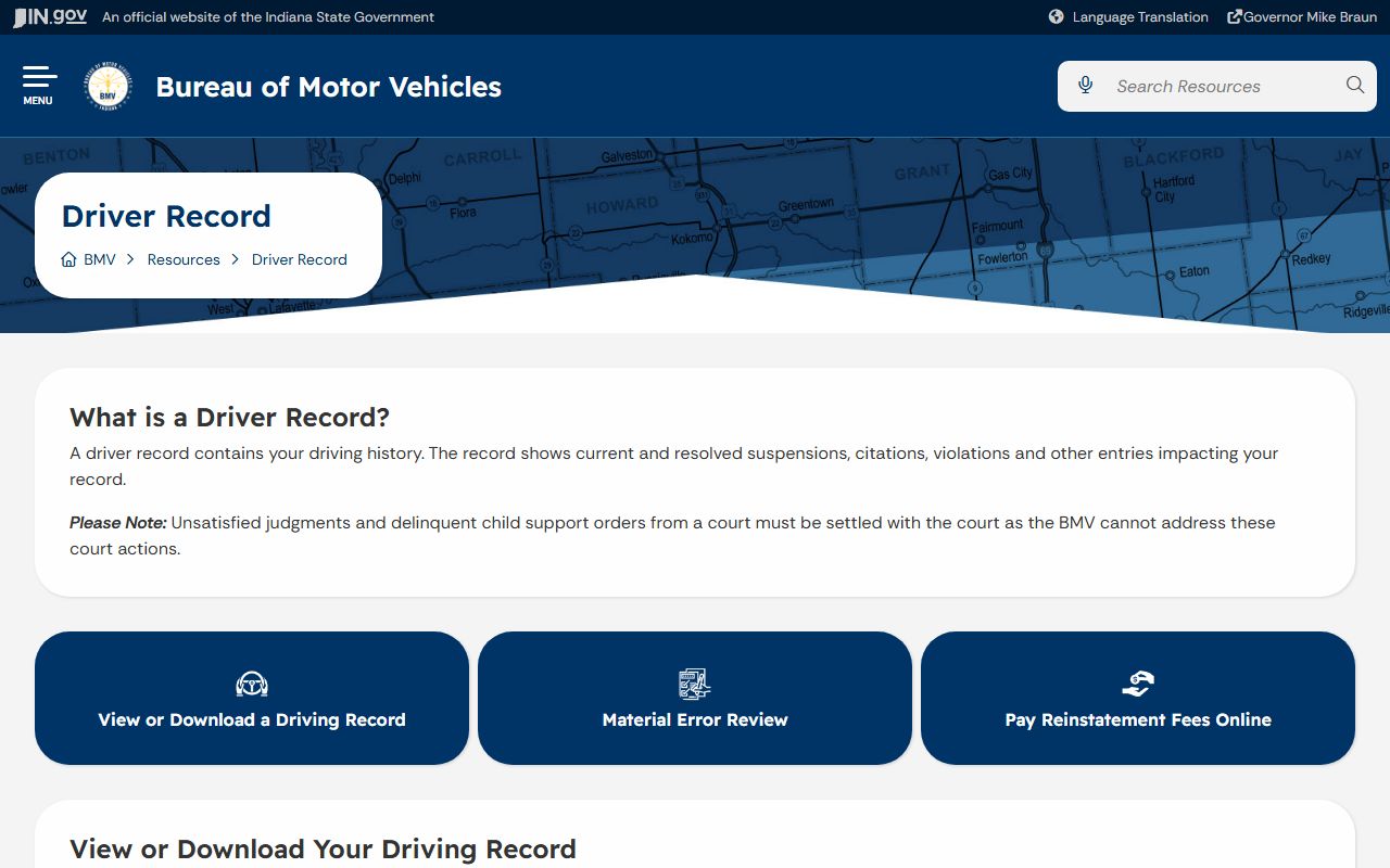 Wabash County traffic court records Indiana BMV driver record page