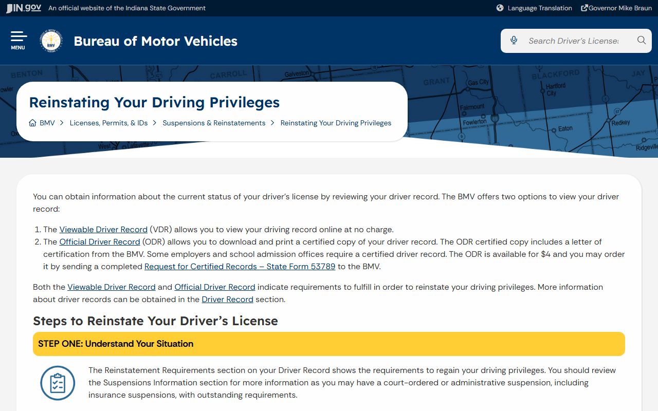 Wabash County traffic court records Indiana BMV reinstatement page