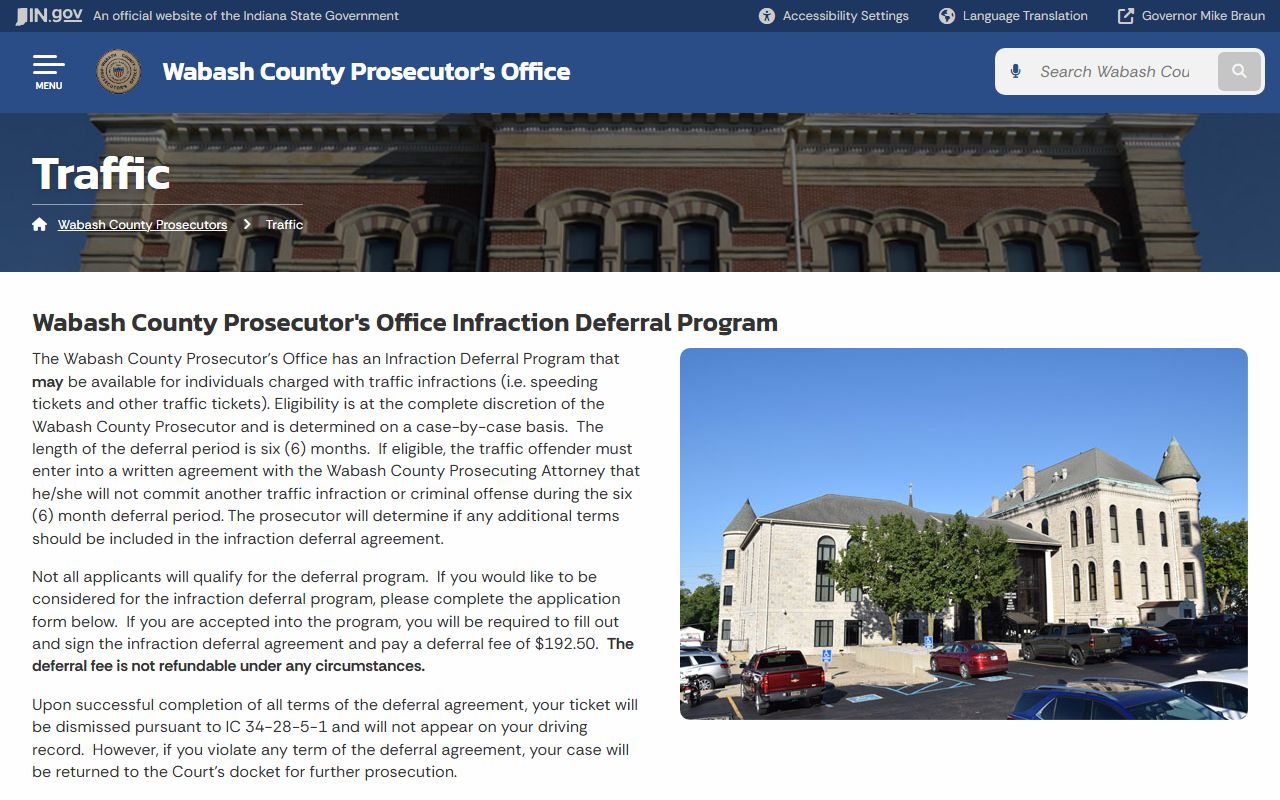 Wabash County traffic court records prosecutor infraction deferral program